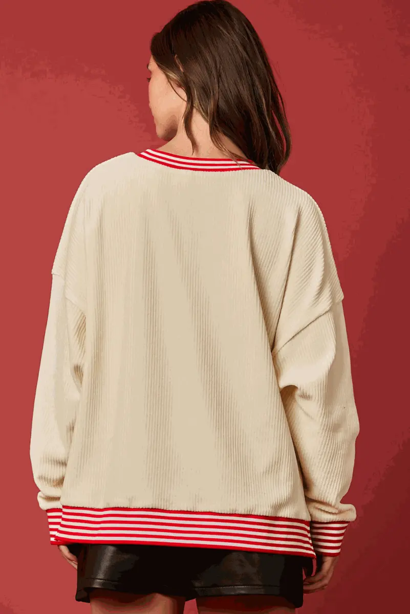 Beige Santa Skiing Graphic Striped Trim Corded Sweatshirt - Love Salve